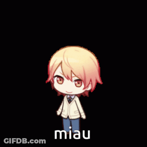 A Cartoon Character Is Standing In Front Of A Black Background And Says Miau . GIF