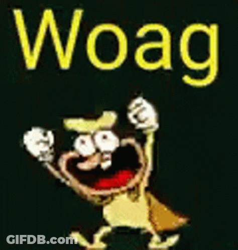 A Cartoon Character Is Standing In Front Of A Black Background With The Word Woag Written On It . GIF