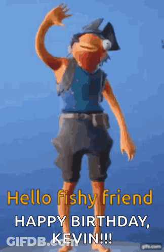 A Cartoon Character Is Standing In Front Of A Blue Background And Says `` Hello Fishy Friend Happy Birthday , Kevin !! ' GIF