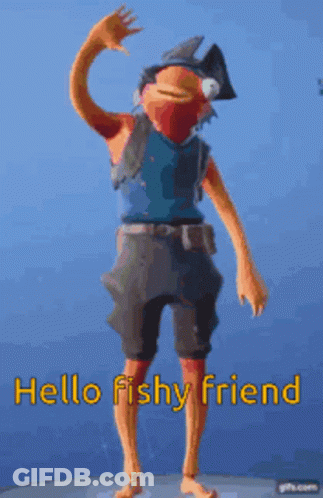 A Cartoon Character Is Standing In Front Of A Blue Background And Waving . GIF