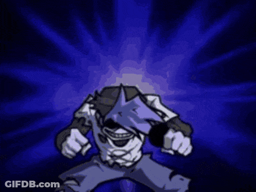 A Cartoon Character Is Standing In Front Of A Blue Background With His Arms Outstretched And His Mouth Open . GIF