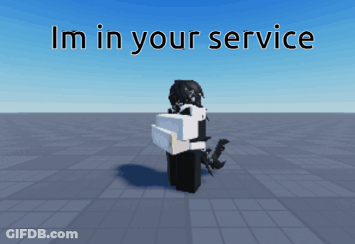 A Cartoon Character Is Standing In Front Of A Blue Sky And Says " Im In Your Service " GIF