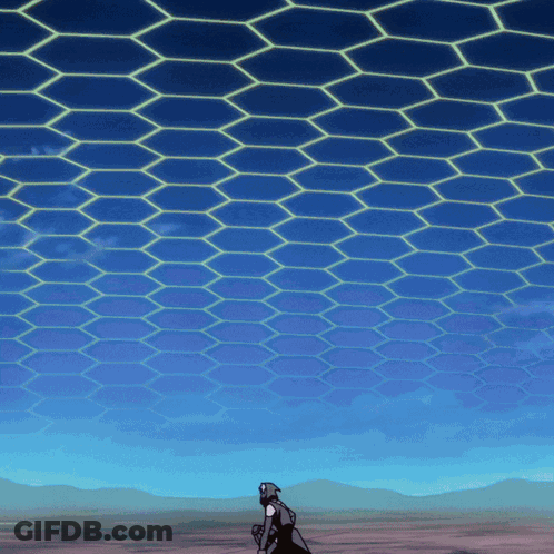 A Cartoon Character Is Standing In Front Of A Blue Sky With A Honeycomb Pattern GIF