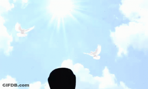 A Cartoon Character Is Standing In Front Of A Blue Sky With Two White Birds GIF