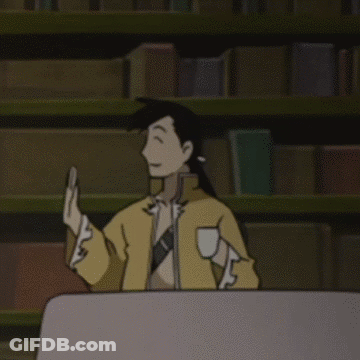 A Cartoon Character Is Standing In Front Of A Bookshelf GIF