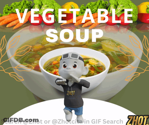 A Cartoon Character Is Standing In Front Of A Bowl Of Soup That Says Vegetable Soup GIF