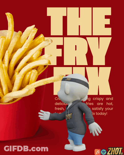 A Cartoon Character Is Standing In Front Of A Bucket Of French Fries That Says The Fry Tk GIF