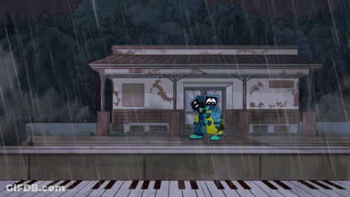 A Cartoon Character Is Standing In Front Of A Building GIF