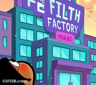 A Cartoon Character Is Standing In Front Of A Building That Says Filth Factory GIF