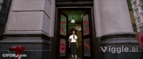 A Cartoon Character Is Standing In Front Of A Building With A Fire Hydrant . GIF