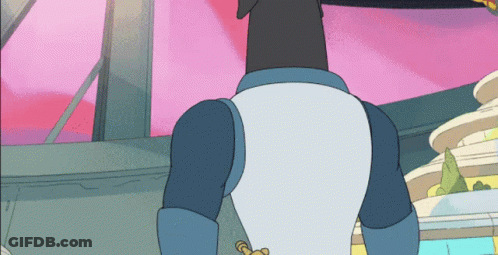 A Cartoon Character Is Standing In Front Of A Building With A Pink Sky In The Background GIF