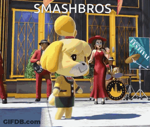 A Cartoon Character Is Standing In Front Of A Building With A Sign That Says Smash Bros On It GIF