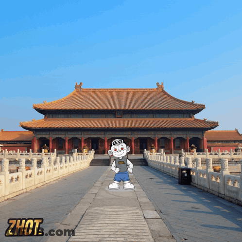 A Cartoon Character Is Standing In Front Of A Building With The Word Zhout On The Bottom Right GIF
