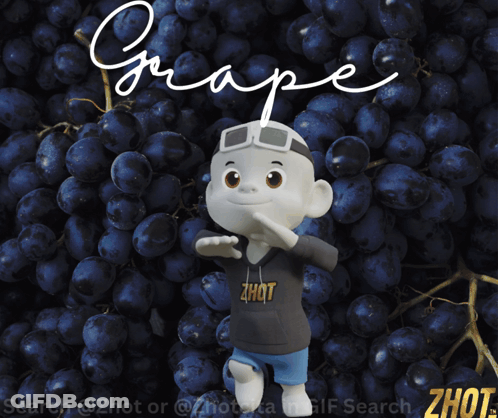 A Cartoon Character Is Standing In Front Of A Bunch Of Grapes With The Word Grape Written On It GIF