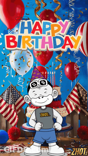 A Cartoon Character Is Standing In Front Of A Cake And Balloons With The Words Happy Birthday In The Background GIF
