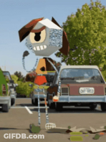 A Cartoon Character Is Standing In Front Of A Car With A License Plate That Says Zay 1853 GIF