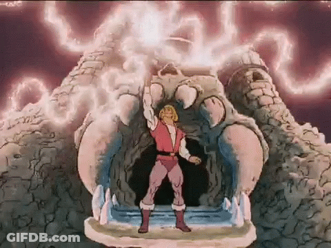 A Cartoon Character Is Standing In Front Of A Castle With A Lightning Bolt Coming Out Of It . GIF