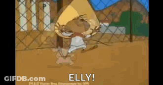 A Cartoon Character Is Standing In Front Of A Chain Link Fence And Says `` Elly '' . GIF