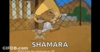 A Cartoon Character Is Standing In Front Of A Chain Link Fence With The Word Shamara Written On The Bottom . GIF