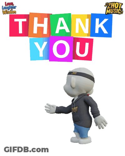 A Cartoon Character Is Standing In Front Of A Colorful Thank You Sign GIF