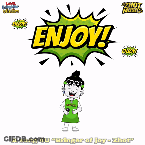 A Cartoon Character Is Standing In Front Of A Comic Book Explosion That Says Enjoy GIF