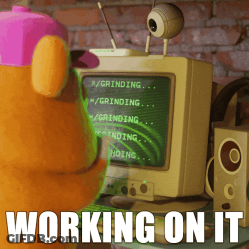 A Cartoon Character Is Standing In Front Of A Computer Screen That Says Grinding On It GIF