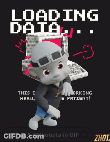 A Cartoon Character Is Standing In Front Of A Computer That Says " Loading Data " GIF