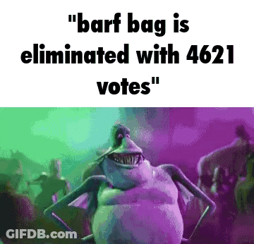 A Cartoon Character Is Standing In Front Of A Crowd And Says `` Barf Bag Is Eliminated With 4621 Votes '' GIF