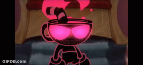 A Cartoon Character Is Standing In Front Of A Cup Of Coffee . GIF