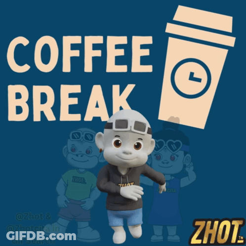 A Cartoon Character Is Standing In Front Of A Cup Of Coffee That Says Coffee Break GIF
