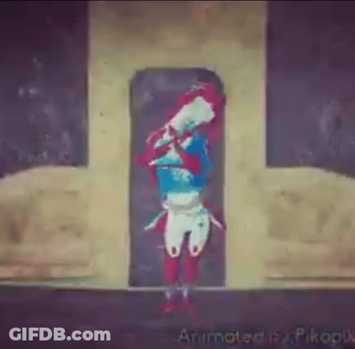 A Cartoon Character Is Standing In Front Of A Door Holding A Sword . GIF