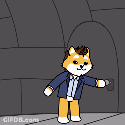 A Cartoon Character Is Standing In Front Of A Door With A Green Light Coming Out Of It GIF