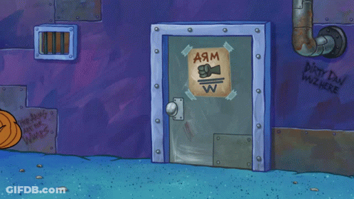 A Cartoon Character Is Standing In Front Of A Door With A Poster Taped To It That Says A9m W GIF