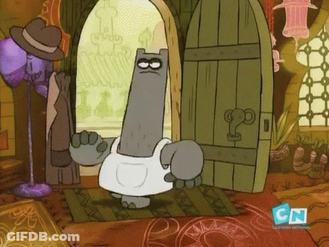 A Cartoon Character Is Standing In Front Of A Door With Cn Written On The Bottom GIF