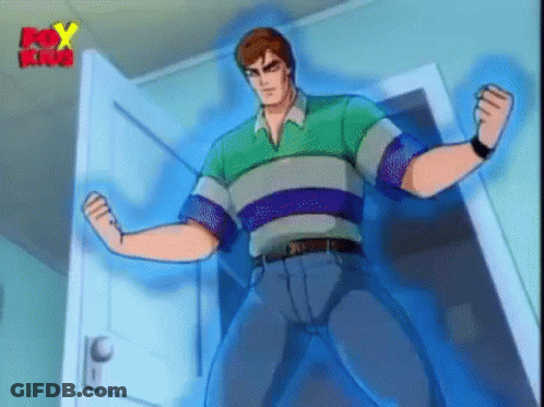 A Cartoon Character Is Standing In Front Of A Door With His Arms Outstretched . GIF