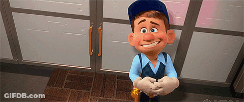 A Cartoon Character Is Standing In Front Of A Door With His Hands Folded GIF