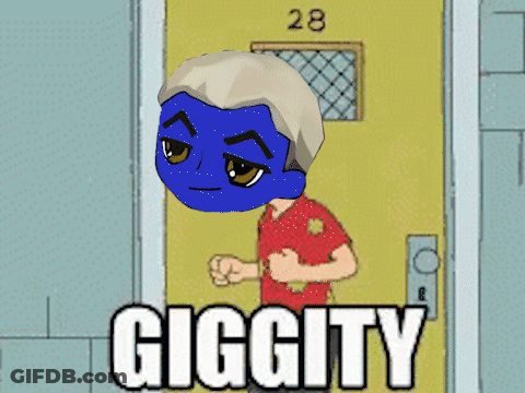 A Cartoon Character Is Standing In Front Of A Door With The Words Giggity On It GIF