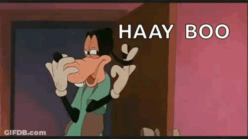 A Cartoon Character Is Standing In Front Of A Door With The Words `` Haay Boo '' Written Above Him . GIF
