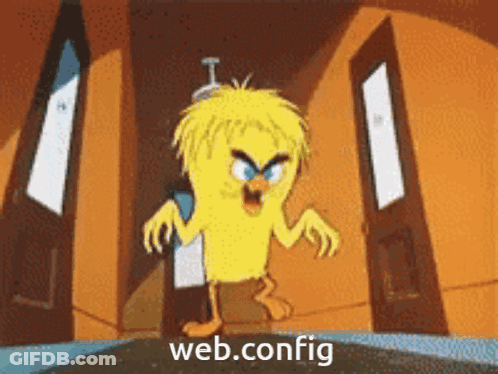 A Cartoon Character Is Standing In Front Of A Door With The Words Web.config On The Bottom GIF