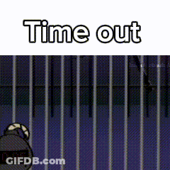 A Cartoon Character Is Standing In Front Of A Fence With The Words Time Out Above It . GIF