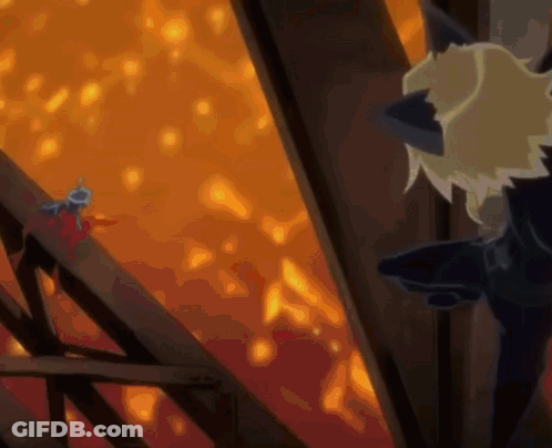 A Cartoon Character Is Standing In Front Of A Fire And Looking At It . GIF