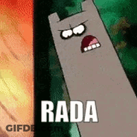 A Cartoon Character Is Standing In Front Of A Fire And The Word Rada Is On The Bottom Of The Image . GIF