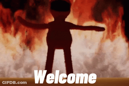 A Cartoon Character Is Standing In Front Of A Fire And The Word Welcome Is On The Bottom Right GIF