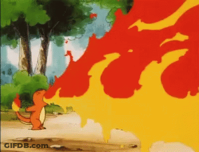 A Cartoon Character Is Standing In Front Of A Fire Coming Out Of His Mouth . GIF