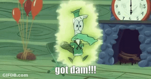 A Cartoon Character Is Standing In Front Of A Fireplace With Balloons And A Clock That Says Got Dam !!! GIF