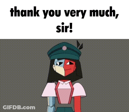 A Cartoon Character Is Standing In Front Of A Gray Background And Says `` Thank You Very Much , Sir ! '' GIF