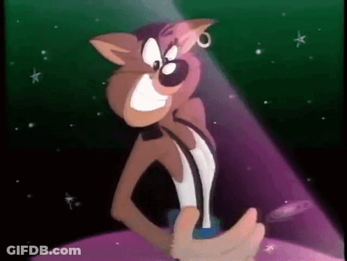 A Cartoon Character Is Standing In Front Of A Green Background With Stars GIF