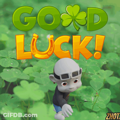 A Cartoon Character Is Standing In Front Of A Green Background With The Words Good Luck GIF