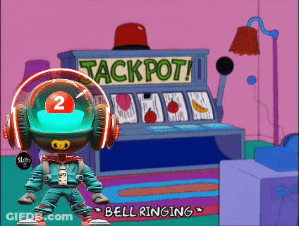 A Cartoon Character Is Standing In Front Of A Jackpot Machine GIF