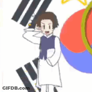 A Cartoon Character Is Standing In Front Of A Korean Flag And Talking On A Cell Phone . GIF